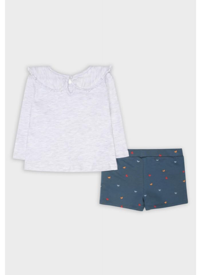 Street Monkey - Set Bambina con Maglietta a Maniche Lunghe con Farfalle e Shorts con Stampa, Grigio Chiaro e Blu, 2 Pezzi