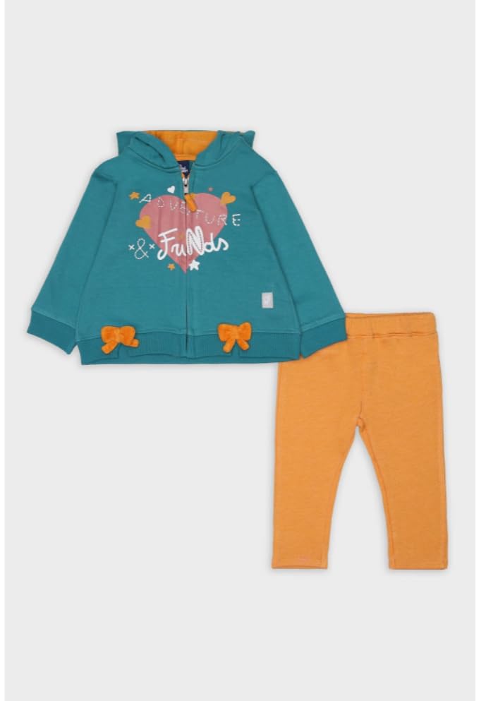Street Monkey ,Set Bambini 2 Pezzi, Felpa con Cappuccio Verde Acqua con Fiocchi e Grafica, Pantaloni Arancioni