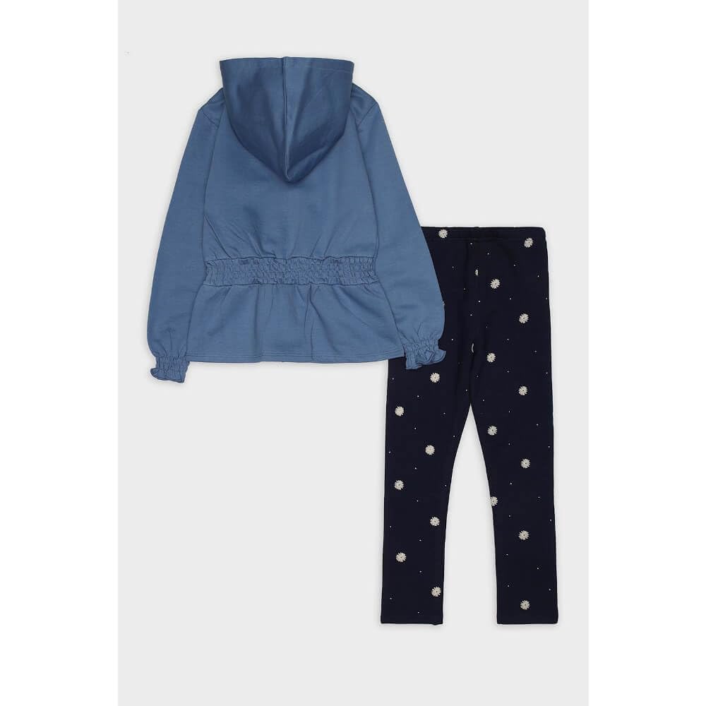 Street Monkey - Set Bambina 2 Pezzi, Felpa con Cappuccio Blu con Zip e Leggings Navy con Stampa Floreale