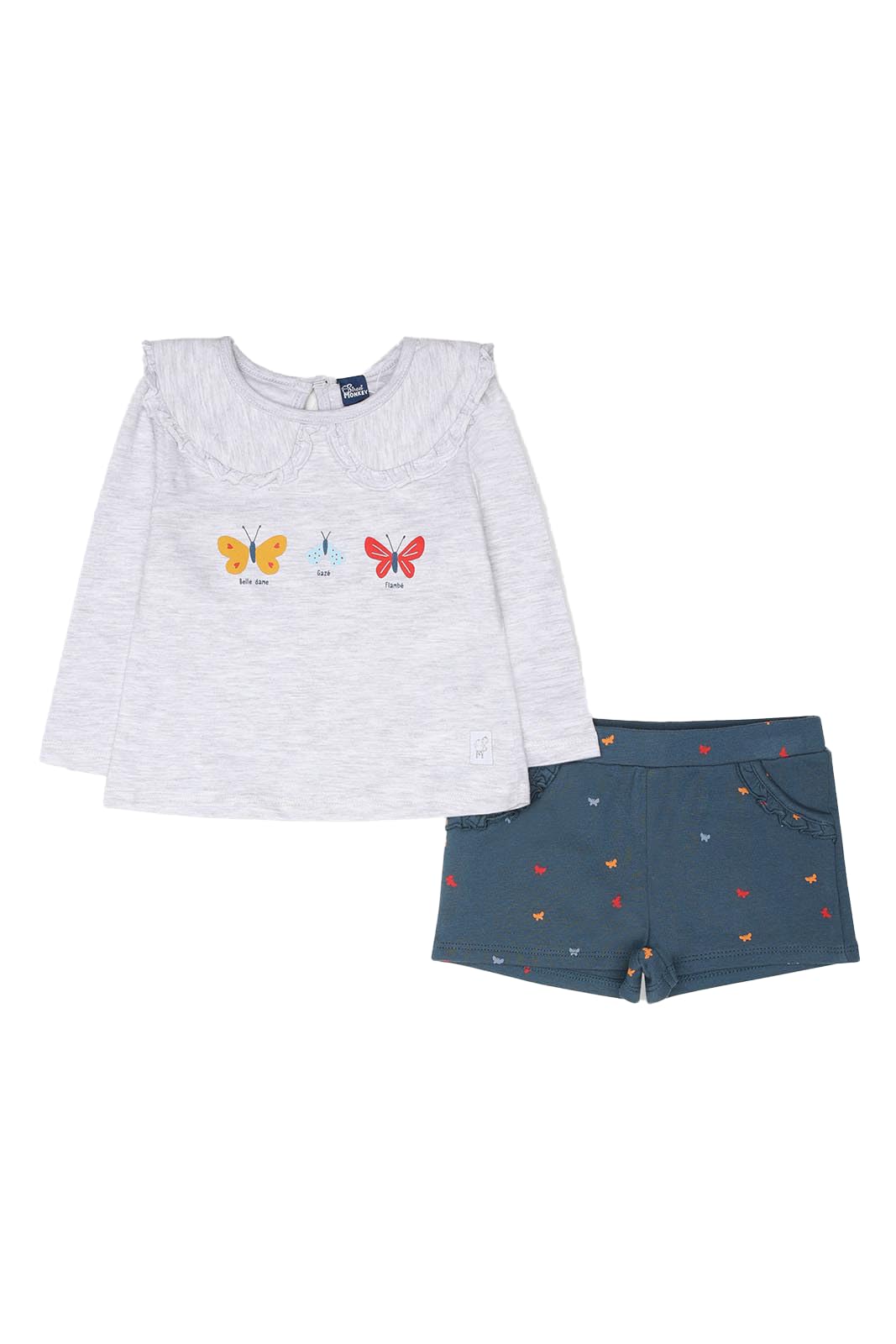 Street Monkey - Set Bambina con Maglietta a Maniche Lunghe con Farfalle e Shorts con Stampa, Grigio Chiaro e Blu, 2 Pezzi