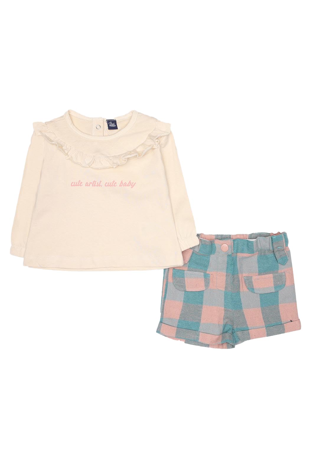 Street Monkey - Set Neonata con Maglietta Bianca con Volant e Scritta, Pantaloncini a Quadri Blu e Rosa, Abbigliamento Casual