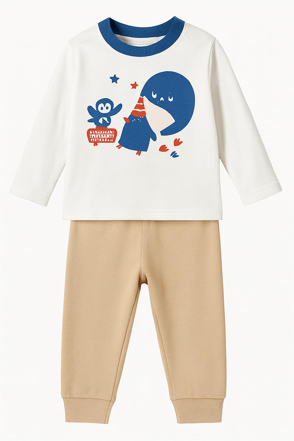 Street Monkey - Set Neonato 3 Pezzi, Felpa con Cappuccio Blu a Pois, T-Shirt, Pantaloni Beige