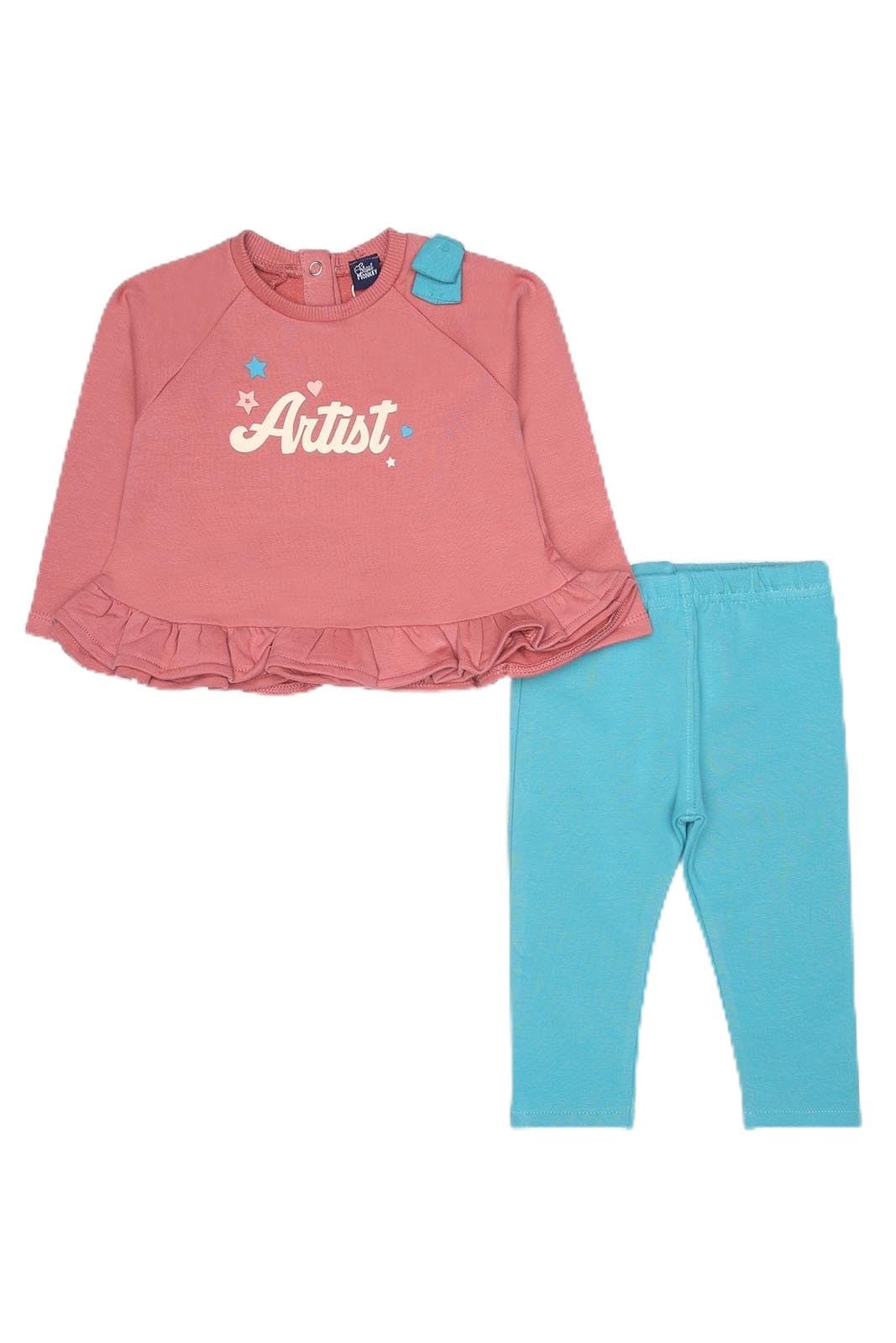 Street Monkey - Completo Bambina 'Artist', Felpa Rosa con Volant e Leggings Turchesi, 2 Pezzi