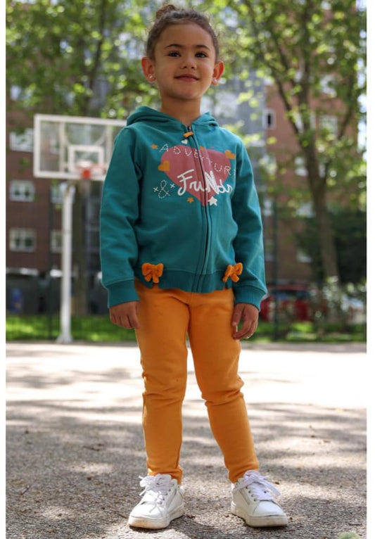 Street Monkey ,Set Bambini 2 Pezzi, Felpa con Cappuccio Verde Acqua con Fiocchi e Grafica, Pantaloni Arancioni