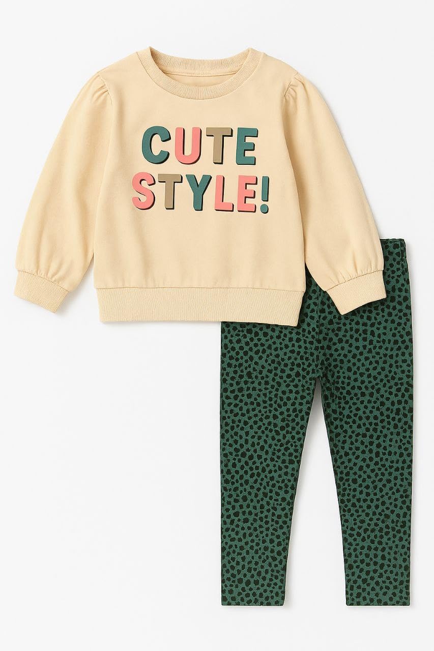 Street Monkey - Set Bambina 2 Pezzi, Felpa Beige 'Cute Style' con Leggings Verde a Pois, Maniche a Palloncino