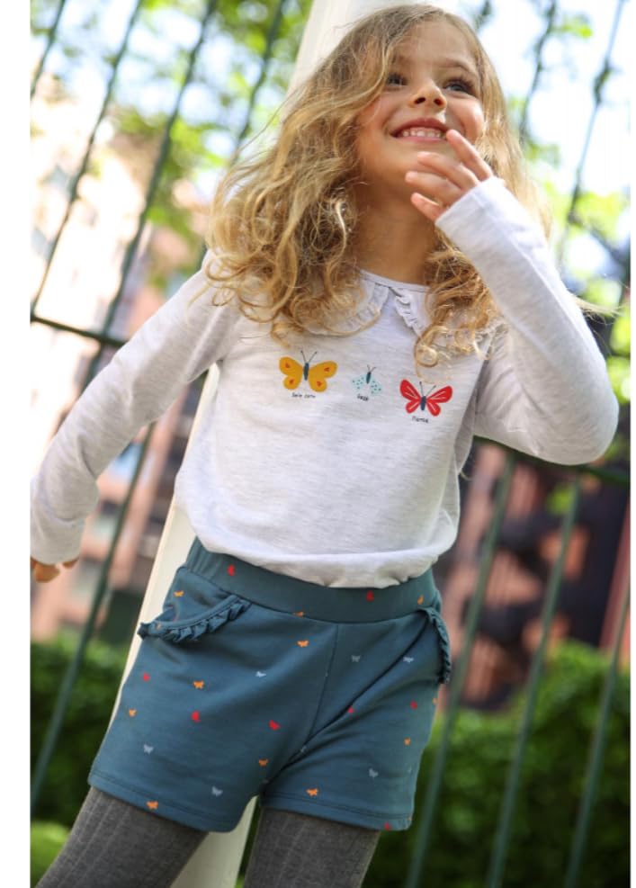 Street Monkey - Set Bambina con Maglietta a Maniche Lunghe con Farfalle e Shorts con Stampa, Grigio Chiaro e Blu, 2 Pezzi
