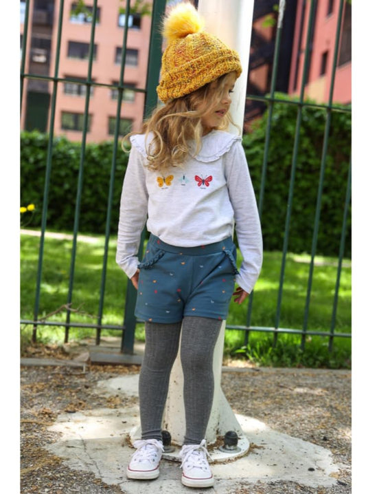 Street Monkey - Set Bambina con Maglietta a Maniche Lunghe con Farfalle e Shorts con Stampa, Grigio Chiaro e Blu, 2 Pezzi