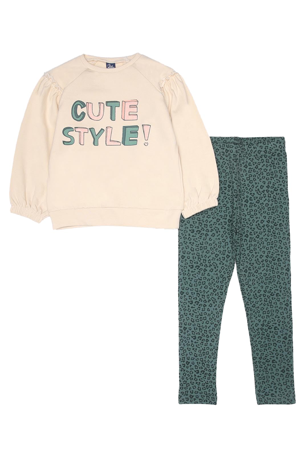 Street Monkey - Set Bambina 2 Pezzi, Felpa Beige 'Cute Style' con Leggings Verde a Pois, Maniche a Palloncino