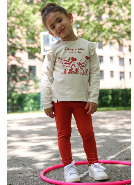 Street Monkey - Completo Bambino 2 Pezzi, Maglietta Beige con Stampa Floreale Rossa e Pantaloni Rossi, Maniche Lunghe con Volant