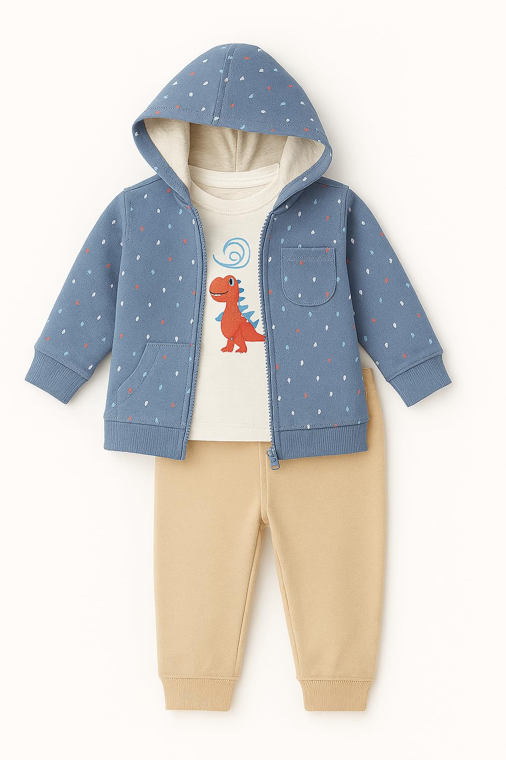 Street Monkey - Set Neonato 3 Pezzi, Felpa con Cappuccio Blu a Pois, T-Shirt, Pantaloni Beige