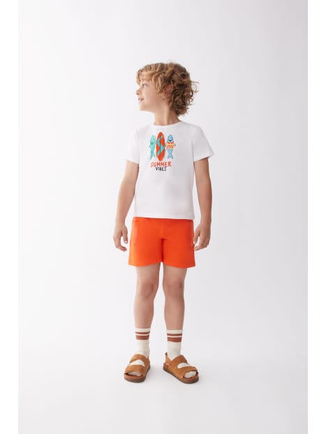 Street Monkey Set Estivo per Bambini, T-Shirt Bianca con Stampa Summer Vibes, Pantaloncini Arancioni