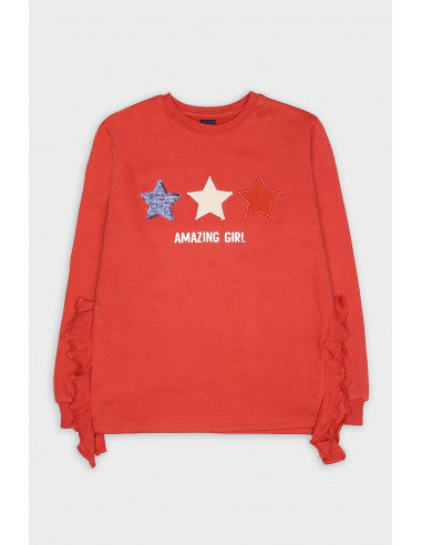 Street Monkey - Felpa Bambina con Stelle, Rosso Corallo, Maniche Lunghe con Volant, Stampa 'Amazing Girl'