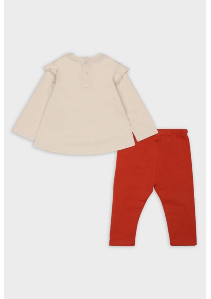 Street Monkey - Completo Bambino 2 Pezzi, Maglietta Beige con Stampa Floreale Rossa e Pantaloni Rossi, Maniche Lunghe con Volant