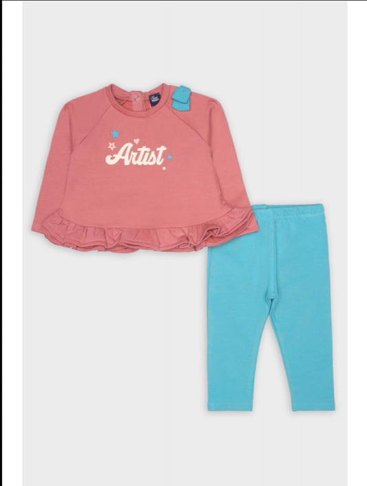 Street Monkey - Completo Bambina 'Artist', Felpa Rosa con Volant e Leggings Turchesi, 2 Pezzi