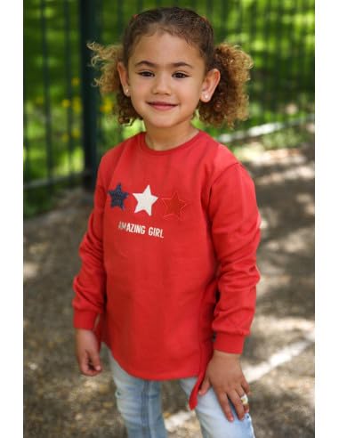 Street Monkey - Felpa Bambina con Stelle, Rosso Corallo, Maniche Lunghe con Volant, Stampa 'Amazing Girl'