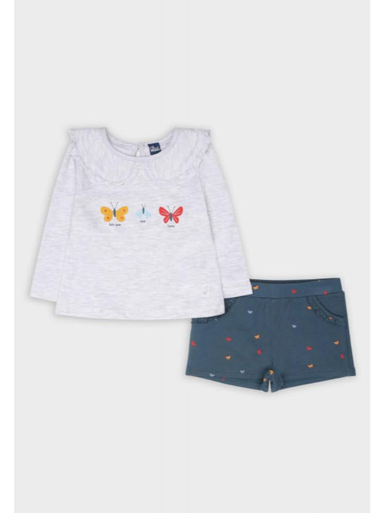 Street Monkey - Set Bambina con Maglietta a Maniche Lunghe con Farfalle e Shorts con Stampa, Grigio Chiaro e Blu, 2 Pezzi