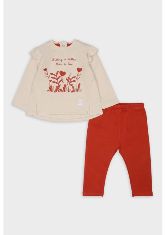 Street Monkey - Completo Bambino 2 Pezzi, Maglietta Beige con Stampa Floreale Rossa e Pantaloni Rossi, Maniche Lunghe con Volant
