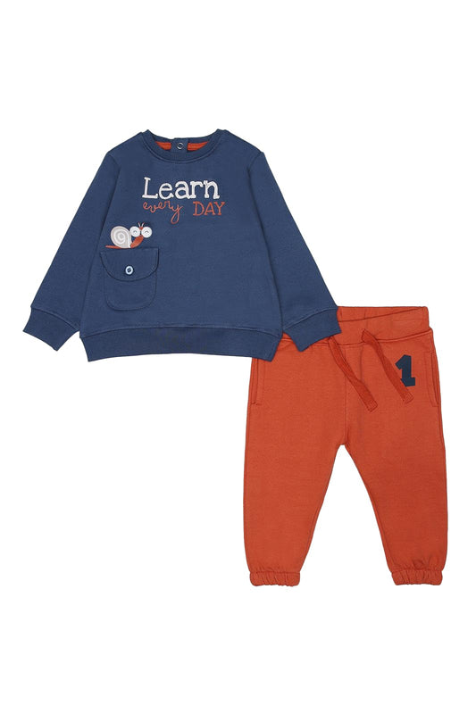 Street Monkey - Completo Neonato, Felpa Blu Navy con Scritta 'Learn Every Day' e Tasca, Pantaloni Arancioni Sportivi