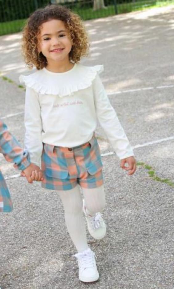 Street Monkey - Set Neonata con Maglietta Bianca con Volant e Scritta, Pantaloncini a Quadri Blu e Rosa, Abbigliamento Casual