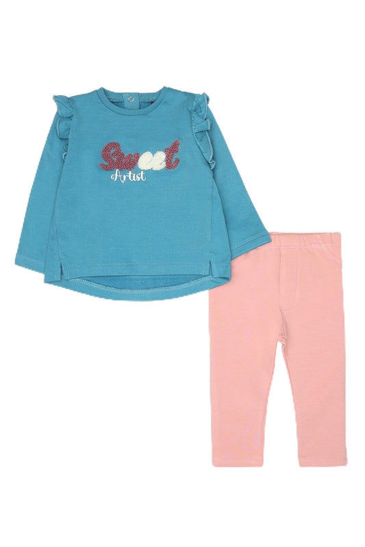Street Monkey - Completo Neonata, Maglietta Blu con Ricamo e Pantaloni Rosa, Set 2 Pezzi
