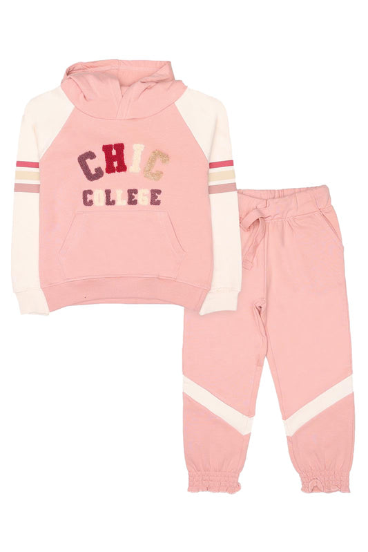Street Monkey - Set Bambina Tuta Sportiva Chic College, Felpa con Cappuccio e Pantalone, Rosa e Crema, Design Varsity