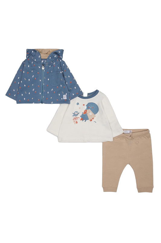 Street Monkey - Set Neonato 3 Pezzi, Felpa con Cappuccio Blu a Pois, T-Shirt, Pantaloni Beige