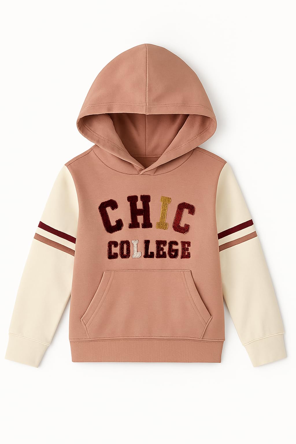 Street Monkey - Set Bambina Tuta Sportiva Chic College, Felpa con Cappuccio e Pantalone, Rosa e Crema, Design Varsity