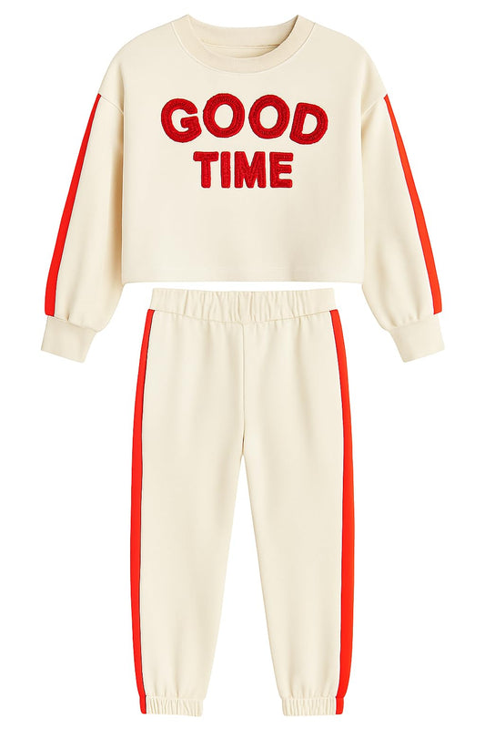 Street Monkey - Tuta Sportiva per Bambini con Scritta 'Good Time', Felpa e Pantaloni, Bianco Crema con Strisce Rosse