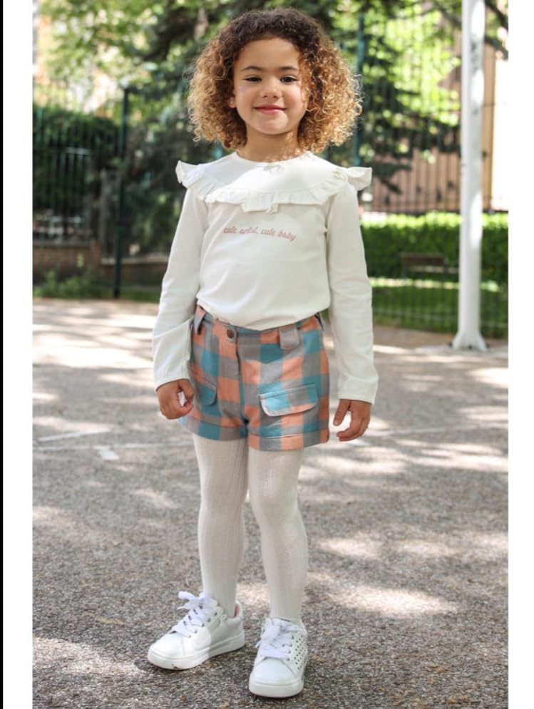 Street Monkey - Set Neonata con Maglietta Bianca con Volant e Scritta, Pantaloncini a Quadri Blu e Rosa, Abbigliamento Casual