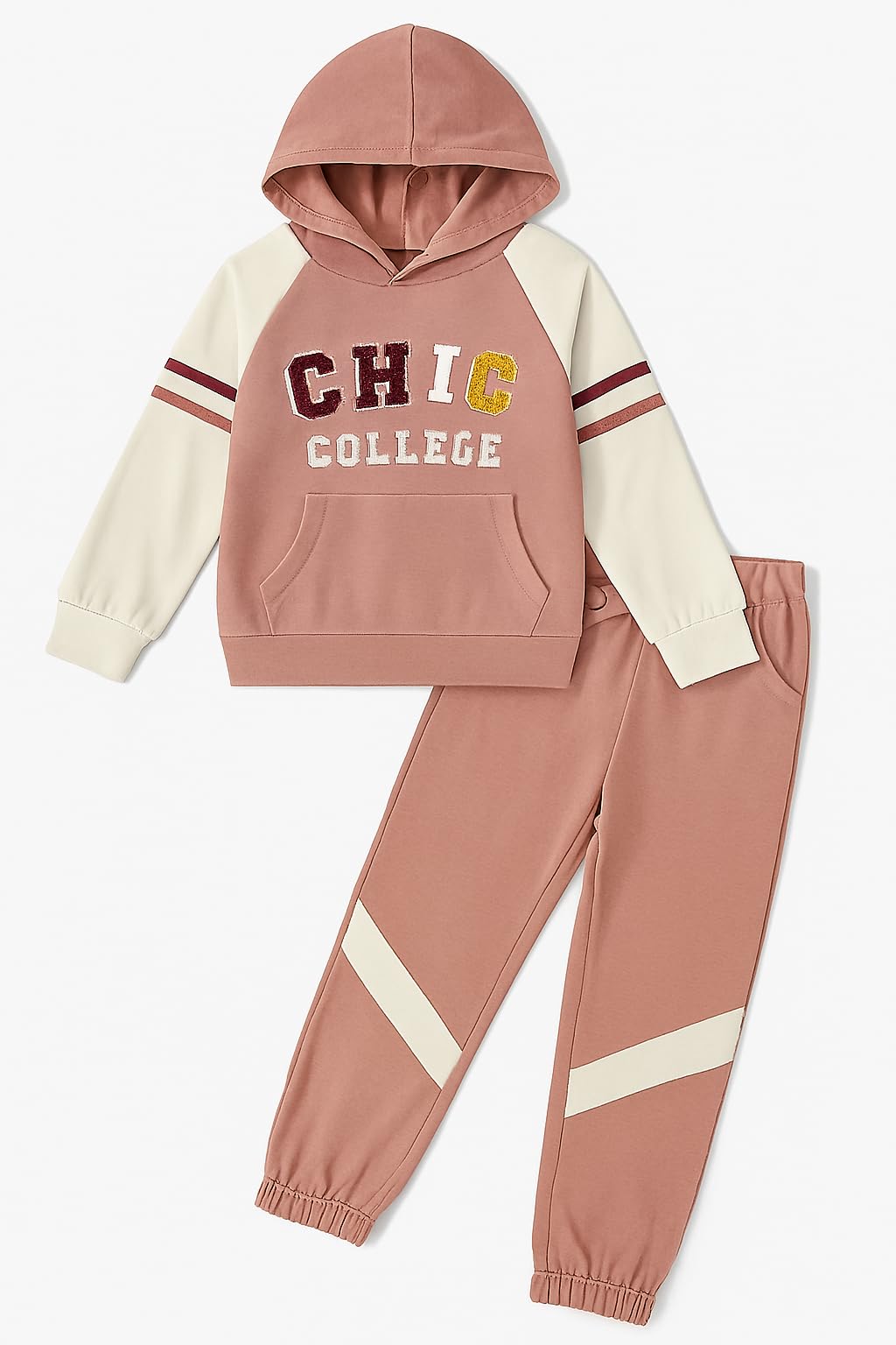 Street Monkey - Set Bambina Tuta Sportiva Chic College, Felpa con Cappuccio e Pantalone, Rosa e Crema, Design Varsity