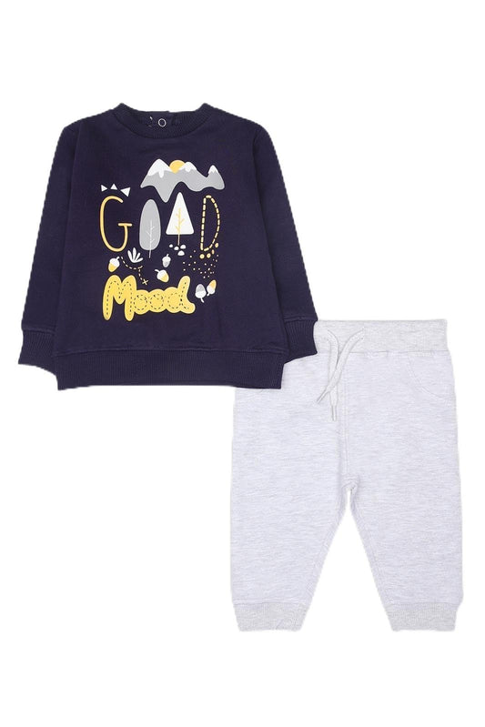 Street Monkey Tuta Sportiva Neonato, Felpa Blu Navy con Grafica 'Good Mood' e Pantalone Grigio, Set Due Pezzi