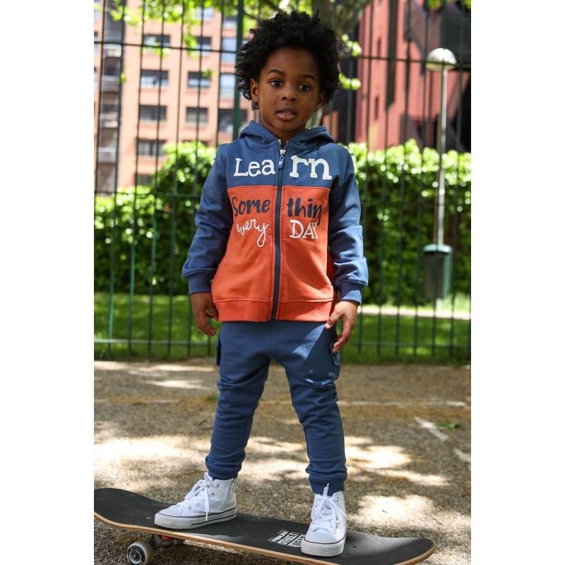 Street Monkey - Tuta Sportiva per Bambini con Felpa con Cappuccio 'Learn Something Every Day', Due Pezzi, Blu Navy e Arancione