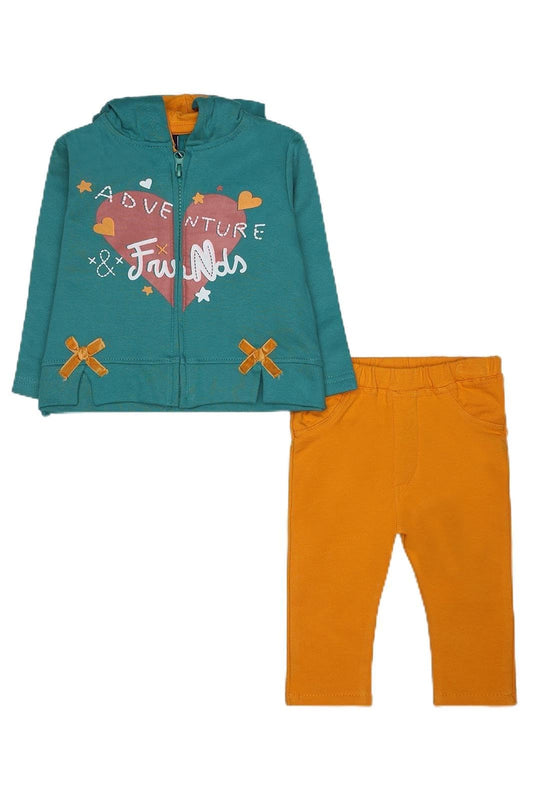 Street Monkey ,Set Bambini 2 Pezzi, Felpa con Cappuccio Verde Acqua con Fiocchi e Grafica, Pantaloni Arancioni