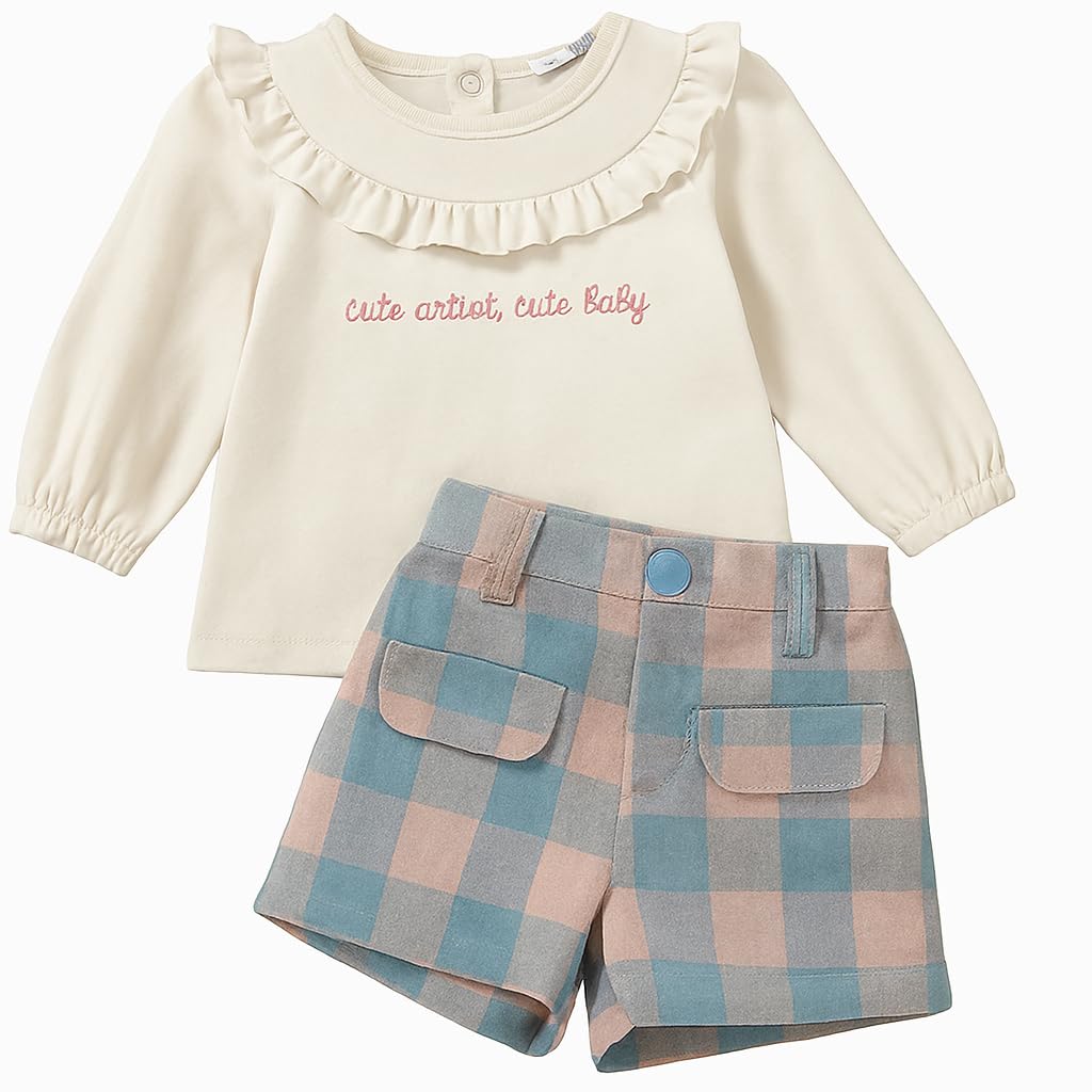 Street Monkey - Set Neonata con Maglietta Bianca con Volant e Scritta, Pantaloncini a Quadri Blu e Rosa, Abbigliamento Casual