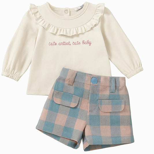 Street Monkey - Set Neonata con Maglietta Bianca con Volant e Scritta, Pantaloncini a Quadri Blu e Rosa, Abbigliamento Casual