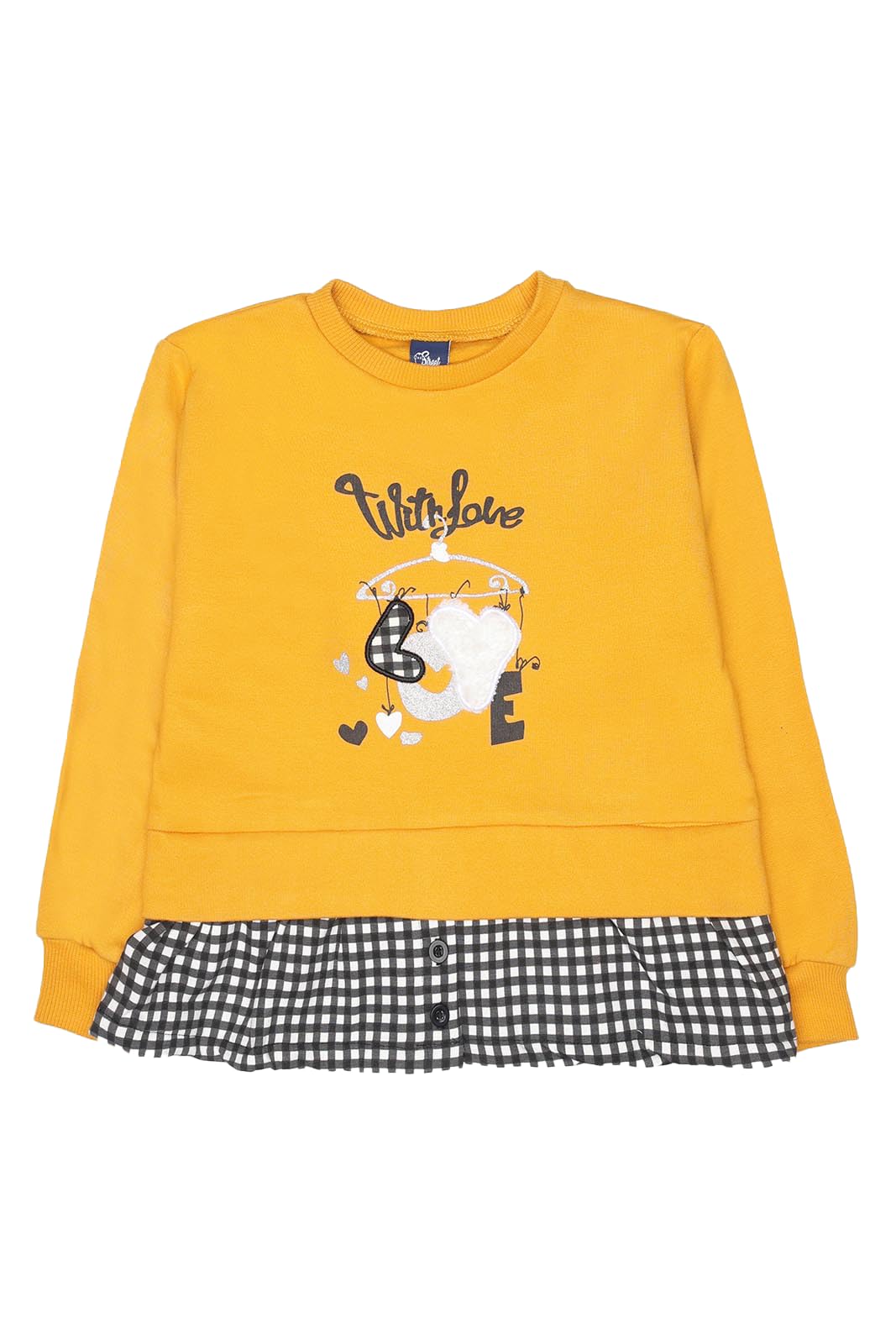 Street Monkey - Felpa Gialla con Design Love, Dettaglio Gingham, Orlo a Balza, Manica Lunga