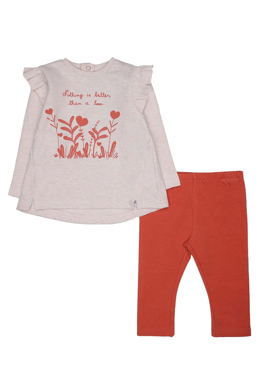 Street Monkey - Completo Bambino 2 Pezzi, Maglietta Beige con Stampa Floreale Rossa e Pantaloni Rossi, Maniche Lunghe con Volant