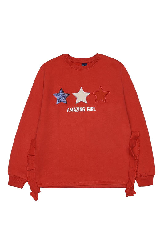 Street Monkey - Felpa Bambina con Stelle, Rosso Corallo, Maniche Lunghe con Volant, Stampa 'Amazing Girl'