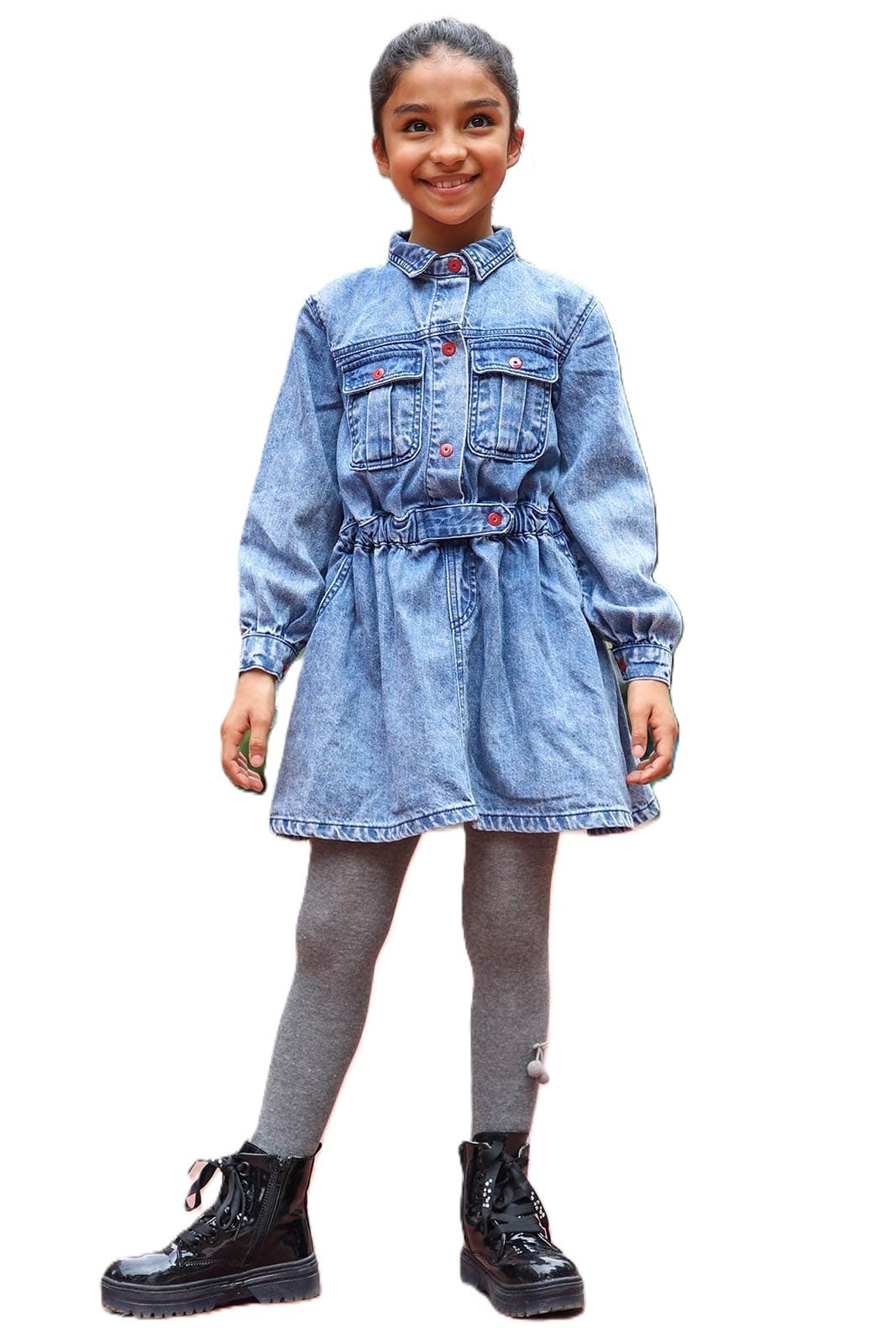 Street Monkey - Vestito in Jeans per Bambina, Stile Casual con Cintura, Maniche Lunghe, Tasche Frontali