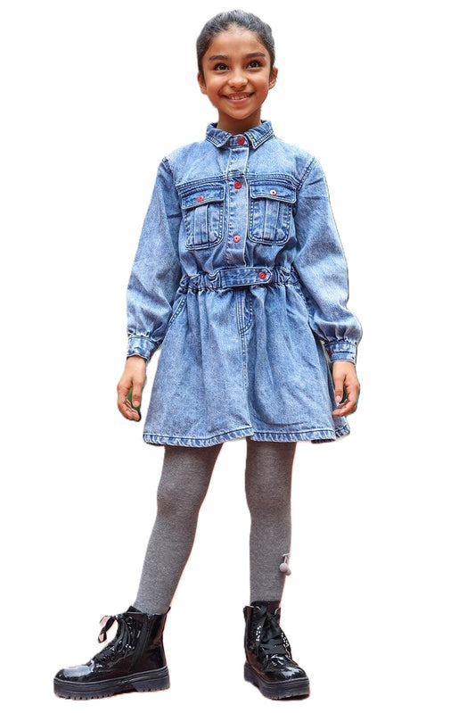 Street Monkey - Vestito in Jeans per Bambina, Stile Casual con Cintura, Maniche Lunghe, Tasche Frontali