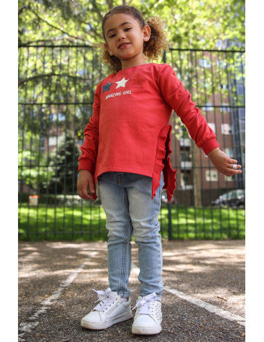 Street Monkey - Felpa Bambina con Stelle, Rosso Corallo, Maniche Lunghe con Volant, Stampa 'Amazing Girl'
