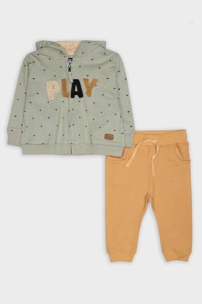 Street Monkey - Felpa con Cappuccio per Bambini con Stampa 'Play', Verde Salvia con Motivo a Stelle, Cerniera Intera