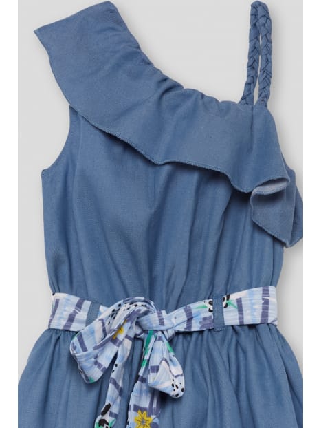 Abito Estivo in Chambray Asimmetrico con Cintura Fantasia Floreale - Bambina