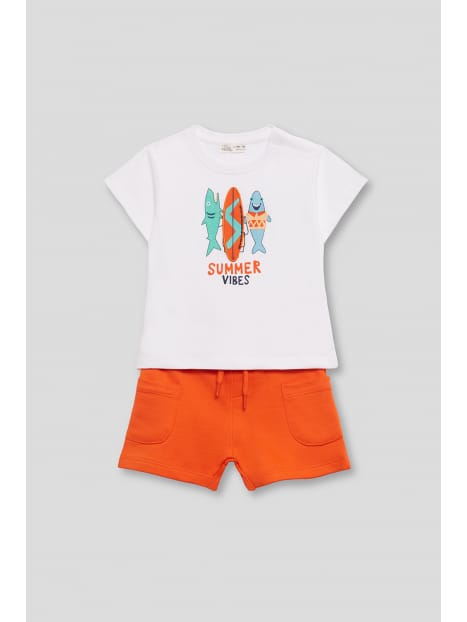 Street Monkey Set Estivo per Bambini, T-Shirt Bianca con Stampa Summer Vibes, Pantaloncini Arancioni