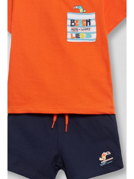 Street Monkey Completo Estivo per Bambini, Maglietta Arancione e Pantaloncini Blue Navy