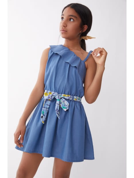 Abito Estivo in Chambray Asimmetrico con Cintura Fantasia Floreale - Bambina