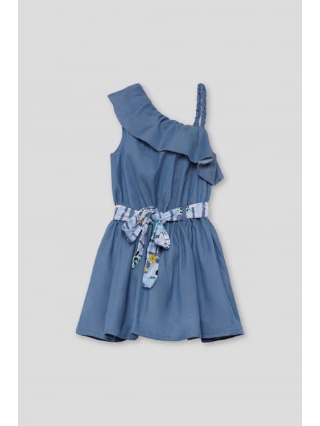 Abito Estivo in Chambray Asimmetrico con Cintura Fantasia Floreale - Bambina